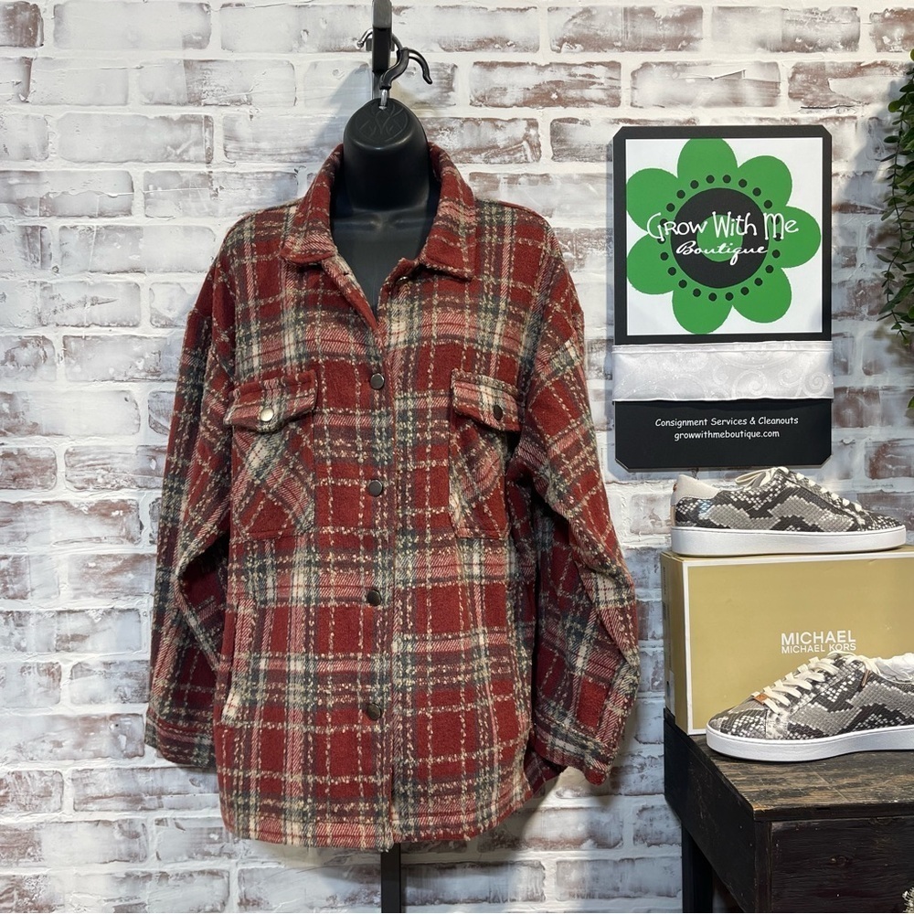 She + Sky Red and Cream Plaid Utility Jacket